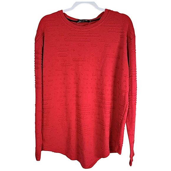 Balmain Sweaters - Balmain Paris 100% Cotton Solid Red Long Sleeve Distressed Crew Sweater Size XXL